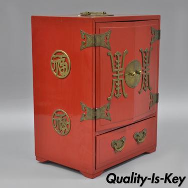 Vintage Red Lacquer Chinese Jewelry Trinket Box Chest Wood &amp; Brass Storage
