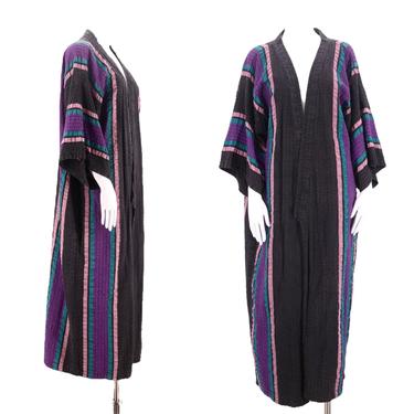70s cotton kimono robe / vintage 1970s textured striped full length duster coat beach travel L 