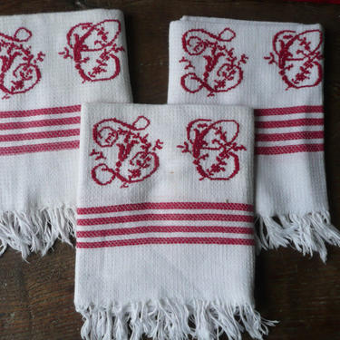 Antique French White and Red Embroidered Monogrammed Kitchen Torchon Tea Towels French Farmhouse Set of 3 