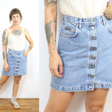 Vintage 90's Button Front Blue Denim Mini Skirt / 1990's Calvin Klein Denim Skirt / High Waisted / Women's Size Small / 26&amp;quot; Waist 