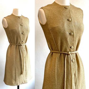 Vintage 60s MOD GOLD LAME Dress / Covered Buttons + Tie Belt / Frederica of London 