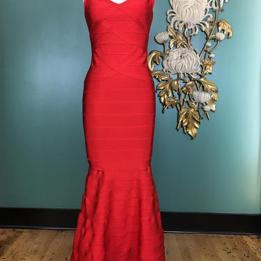 1990s bandage dress, Herve' leger, designer gown, vintage 90s dress, red mermaid dress, hourglass dress, body con, medium large, 29 30 waist 