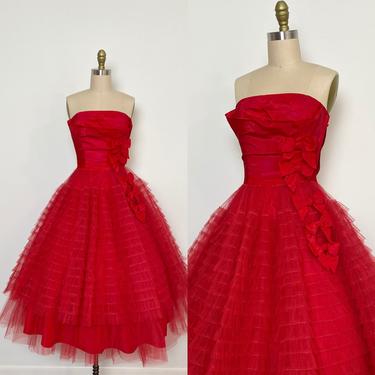 Vintage 1950s Dress 50s Party Dress Tulle Bows Size XS Petite Small 