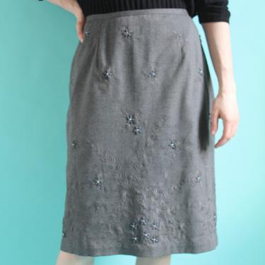 Grey Skirt with Embroidered Flowers and Beads Large 