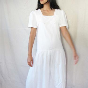 Vintage 80s does Edwardian White Linen Maxi Dress S M - 1980s Long Lawn Dress - Drop Waist Pleated Skirt Dress - 80s Romantic 