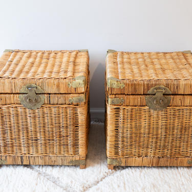 Two Vintage Rattan Wicker Cube Trunks with Detailed Brass Hardware (Sold Separately) 
