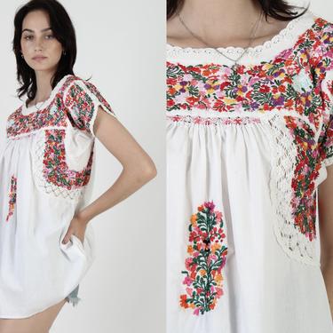 White Cotton Oaxacan Top / Heavily Embroidered Mexican Tunic / Folklorico Crochet Trim Huipil Shirt / Traditional San Antonio Top 