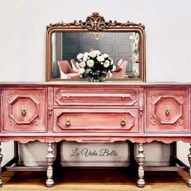 Stunning Jacobean Style Buffet, Hand Painted, Sideboard, Pink, Vintage, Antiqued. 