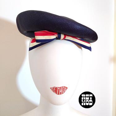 ICONIC Vintage 50s 60s Navy Blue Sailor Hat with Red, White, Blue Ribbon 