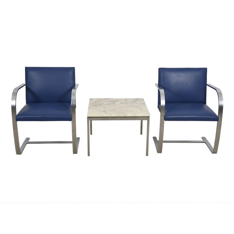 Knoll Living Set  Pair of Blue Upholstered Brno Chairs + Marble Top Square Accent Table