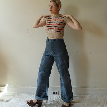 Vintage Overdyed Sailor Pants/ High Waisted Button Fly Wide Leg Navy Trousers/ Green Tie Dye/ Crackerjack/ Size 28 