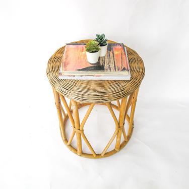 Vintage Woven Rattan Danish Style Retro Stool/Side Table/Plant Stand 