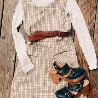 Vintage Tan and White Overall Dress / Fall Dress / Autumn Dress 
