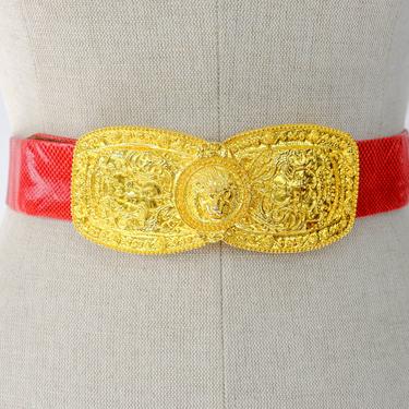 Vintage 80s Alexis Kirk Lipstick Red Karung Snakeskin Slide Adjustable Belt w/ Gold Lion Clip Buckle | 100% Snakeskin | 1980s Designer Belt 