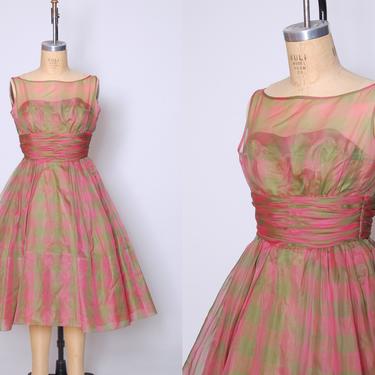 1950s party dress / fit and flare chiffon taffeta dress / pink & green checker dress / 50s Henri Bendel dress / pin up dress / vintage prom 
