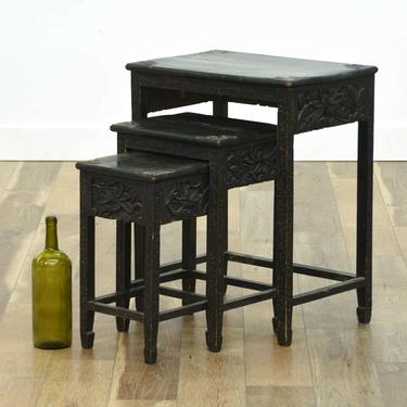 Set Of 3 Carved Black Monterey Style Nesting Tables 