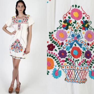 Vintage Cream Mexican Dress,  Ivory Hand Embroidered Dress, Colorful South American Fiesta Clothing  Womens Flutter Sleeve Mini Sun Dress 