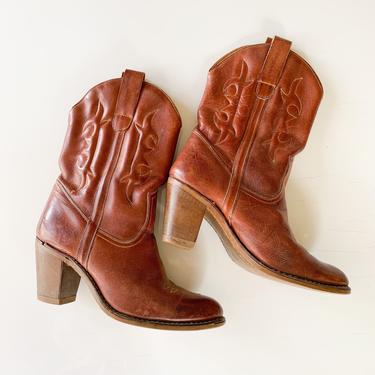 Vintage 1980s Brown Leather Cowboy Boots / 7.5 