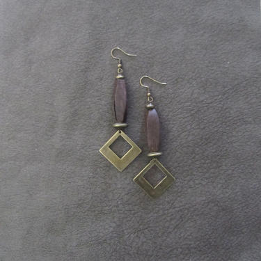 Long wood and brass geometric Afrocentric dangle earrings, mid century modern earrings, African earrings, bold statement, unique 