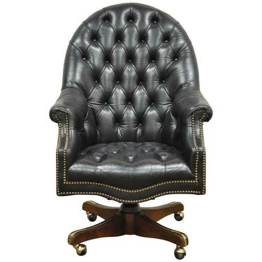 Vintage Deep Tufted Black Leather English Chesterfield Rolling Office Desk Chair