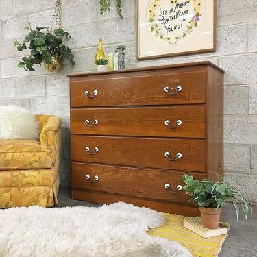 LOCAL PICKUP ONLY Vintage Dresser Retro 1970s Brown Wood Four Drawer Bureau with Wood Grain and Metal Pulls for Bedroom or Clothing Storage 