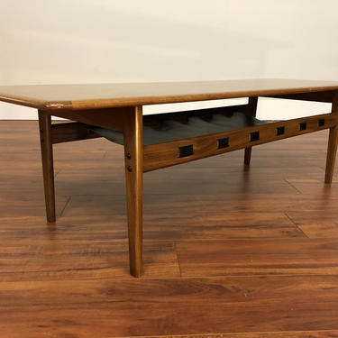 Mid-Century Modern Teak Coffee Table With Leather Storage Shelf 