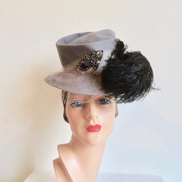 Vintage 1940's Gray Felt Tilt Topper Hat Black Ostrich Feather Plume Sequin Trim WW2 Era Rockabilly 40's Millinery 