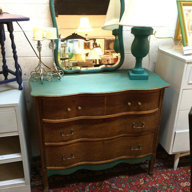 Antique Oak Dresser Turquoise Accent with Matching Mirror by TheMarketHouse