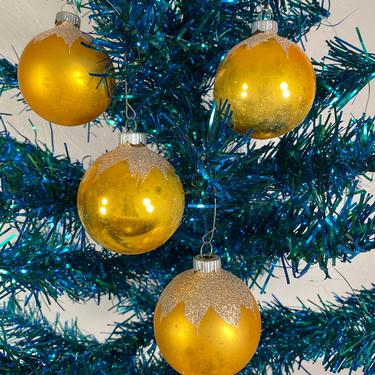 Set of 4 Shiny Brite Gold and Glitter Holiday Ornaments (#C25) 