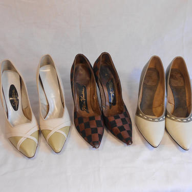 Three Stiletto Shoe Lot #3 - Vintage 1950s Lot of 3 Shoes High Heels Sage Ivory Brown Black Check 
