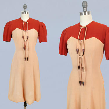 1930s Dress /  30s Sportswear LACE UP Day Dress / Pink and Red Linen Color Block 
