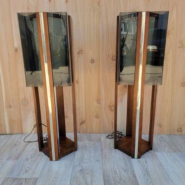 Mid Century Modern Architectural Walnut, Lucite, and Brass Trim Tall Table Lamps - Pair
