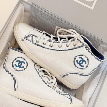 Vintage CHANEL CC Logos MONOGRAM White Leather Blue Embroidered Sneakers High Tops Trainers Tennis shoes 38 us 7 - 7.5 by MoonStoneVintageLA