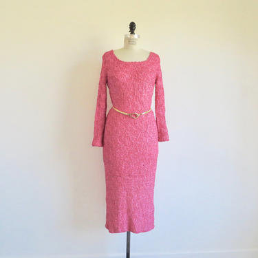 Vintage 1970's Pink Silk Ribbon Knit Dress Long Sleeves Midi Length Gold Metal Belt Size Medium Large 