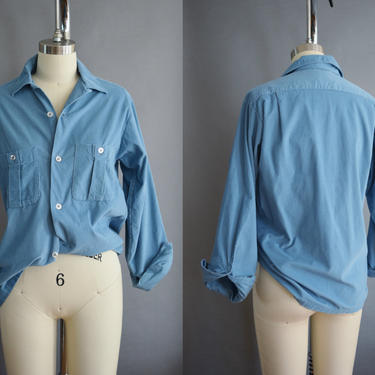 1970s Corduroy Work Shirt by Sears | Blue | Cotton | Small 