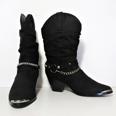 Vintage 1980s Dingo Scrunch Boots, 7 1/2M Women, Black Vegan Suede, Harness Boots, crystal chain, Urban Cowgirl Punk Boots 