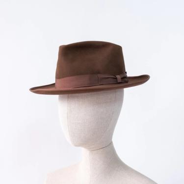 Vintage 40s 50s BRENT Distressed Chocolate Brown Fur Felt Wide Brim Fedora | Size 7 1/4 | 1940s 1950s Designer Pinched Crown Wide Brim Hat 