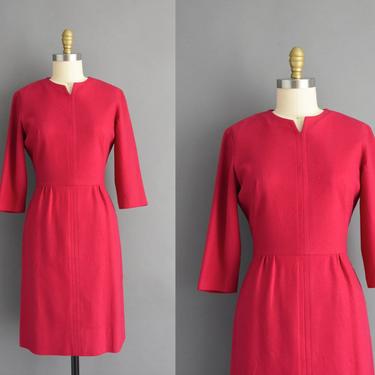 1950s vintage dress | Forever Young Vibrant Fuchsia Pink Wool Cocktail Party Pencil Skirt Dress | Medium | 50s dress 