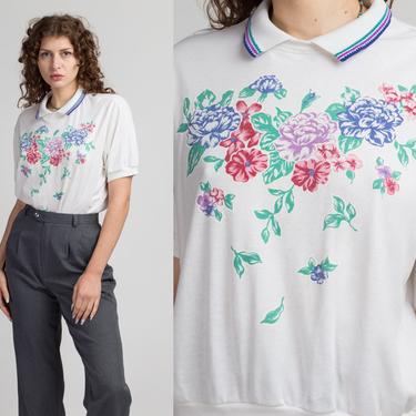80s Floral Collared Polo Top - Large | Vintage White Graphic Pullover 