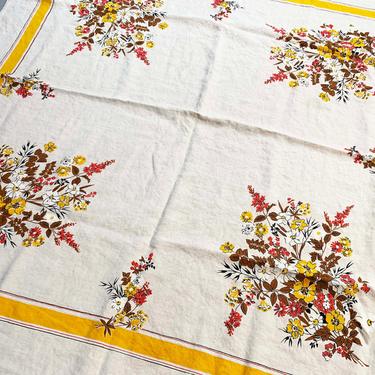 Vintage Floral Harvest Tablecloth Yellow Print Pattern Mid-Century 1970s Brown Table Cloth Dining Room Kitchen Cottagecore Linen Square 