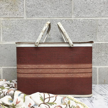 Vintage Picnic Basket Retro 1950s WC Redmon + Mid Century Modern + Red + Stripes + Woven + Two Handles + Servingware + Outdoor Dining 