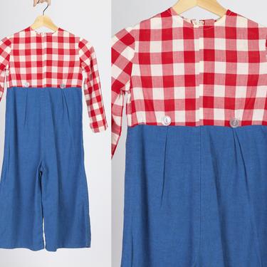 Vintage 60s Kids Raggedy Andy Jumpsuit - Youth Medium | Gingham Checkered Children's Costume Outfit 