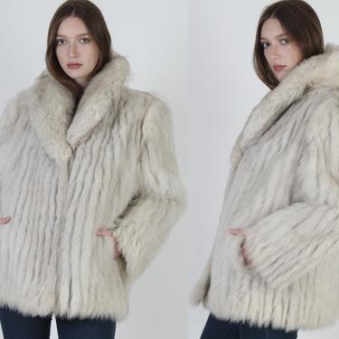 Arctic Fox Fur Coat / Real Fur Jacket With Pockets / Vintage 80s Off White Velvet Suede Inlay / Corded Chubby Shawl Collar Winter Jacket 