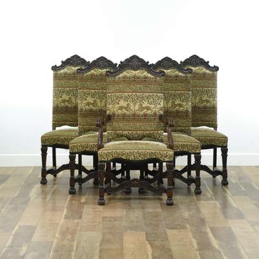Set Of 6 Carved Wood Dining Chairs W/ Safari Seat