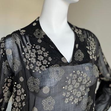 1920s Black Cotton Sheer Screen Printed Dress Clusters of Flowers Spring Day Dress Antique 40