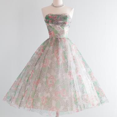 Vintage 1950's Rare Floral Print Tulle Party Dress / Waist 25