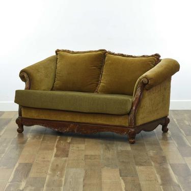 Olive Green Roll Arm Loveseat W/ Carved Wood Frame