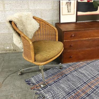LOCAL PICKUP ONLY Vintage Daystrom Wicker and Chrome Chair Retro 1970s Barrel Lounge Chair with Tan Tweed Seat and Wheels 