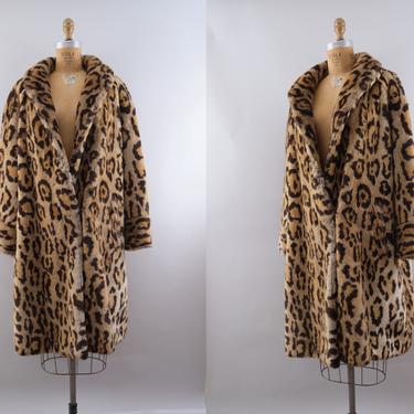 Vintage 80s Faux Fur Leopard Print Coat Lucien Daville Paris Medium Large 