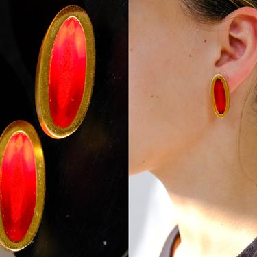 Vintage 80s Anne Klein Signed Gold & Red Enamel Oval Shaped Earrings | Statement Piece, Pierced Stud Earrings | 1980s Designer 